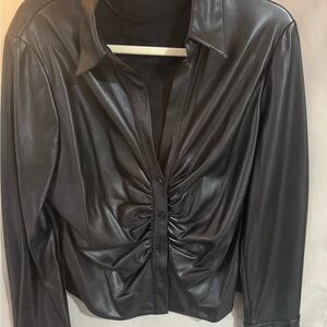Zara Black Faux Leather Ruched Front Button Jacket